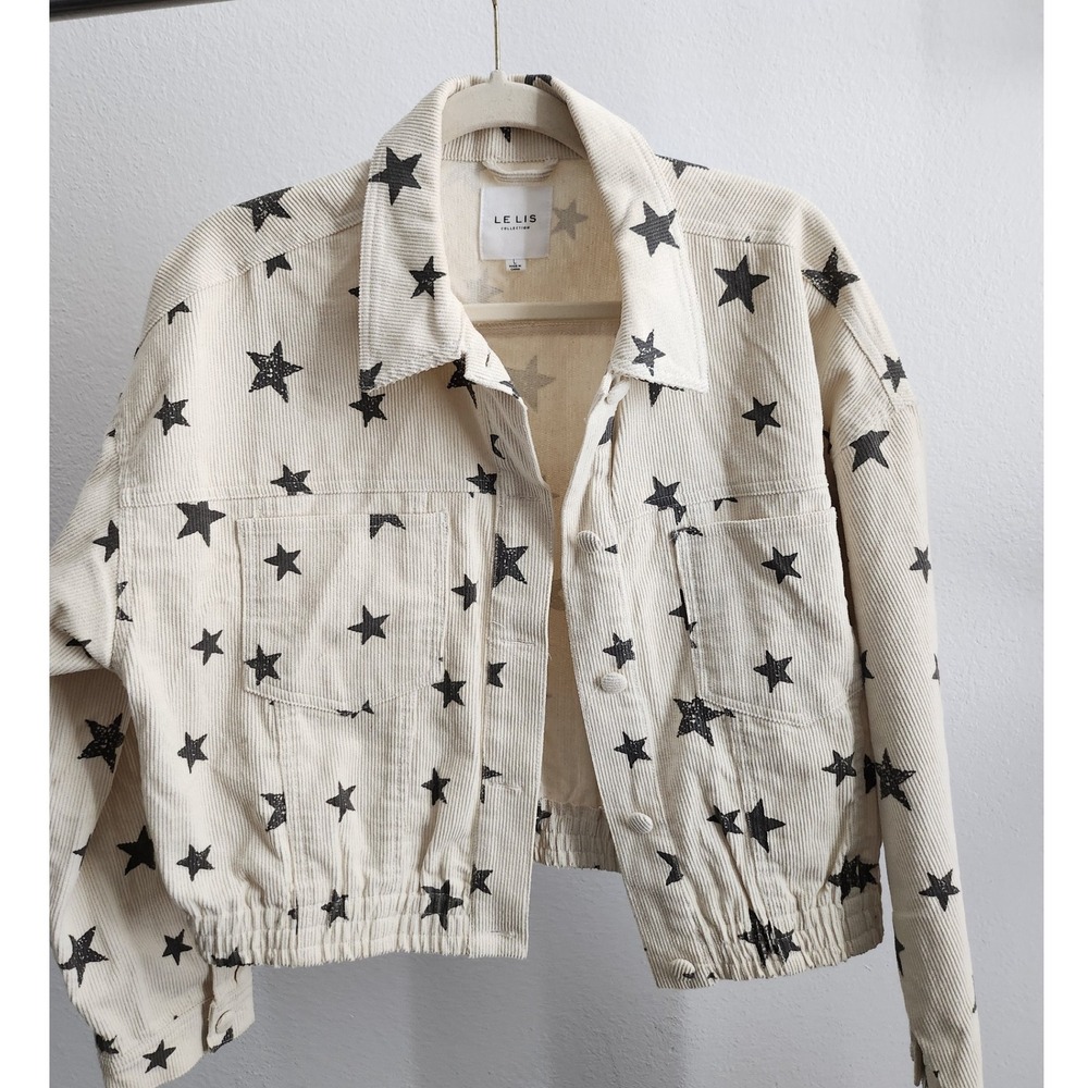 LE LIS COLLECTION Womens Corduroy Star Print Cropped Jacket Size L